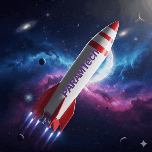 a rocket with the word paramtech on it is flying through space