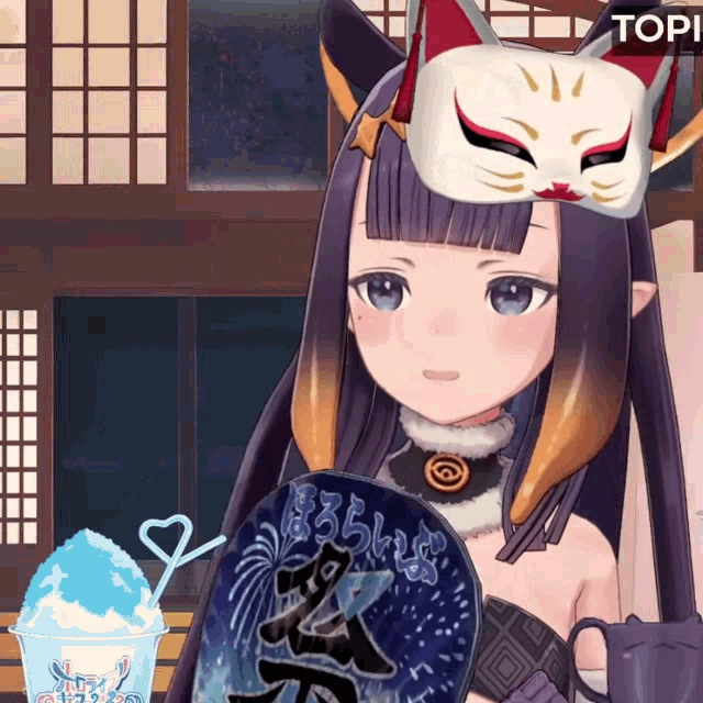 a girl wearing a cat mask is holding a fan with chinese writing on it in front of a cup of shaved ice