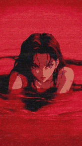 a girl in a black dress is standing in front of a large red eye