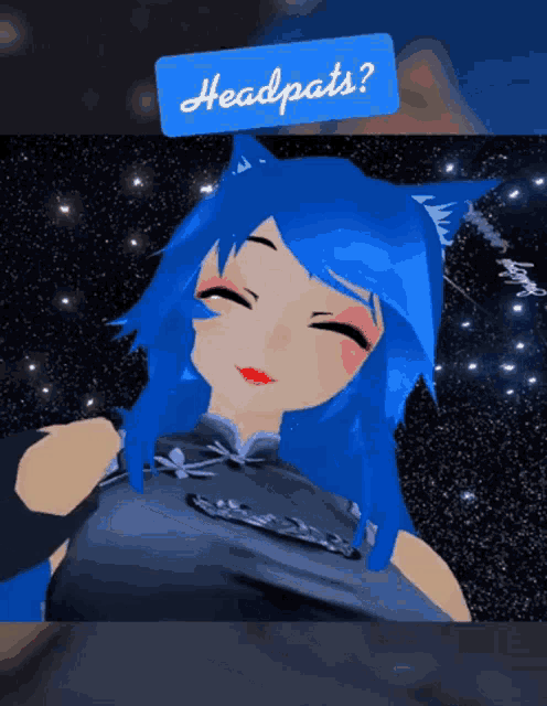 a girl with blue hair and cat ears says headpats on a blue sticker