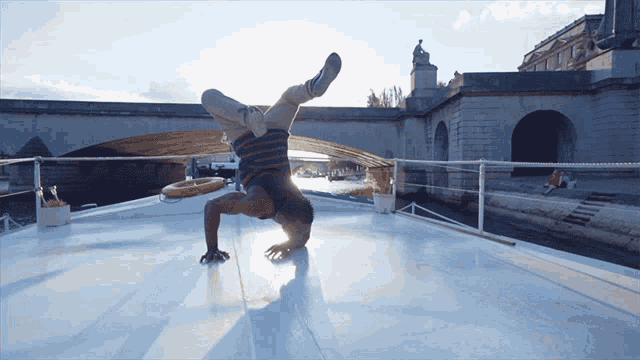 a man doing a handstand on a white surface