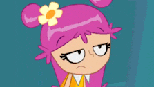 a cartoon girl with pink hair and a flower in her hair