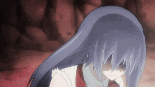 a close up of a girl with long blue hair and a red shirt .