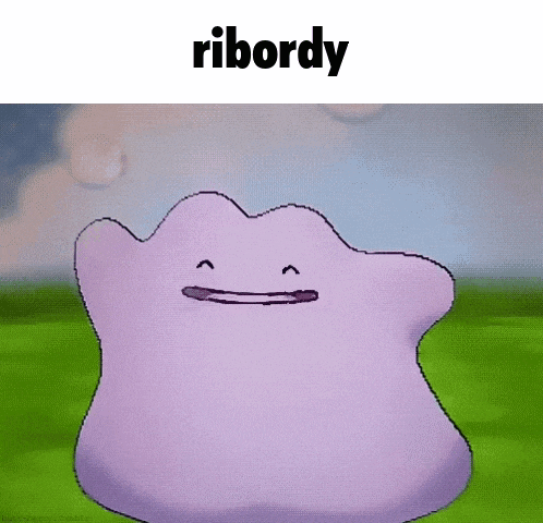 a purple monster is standing in a grassy field with the word ribordy above it .