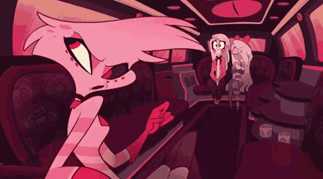 a pink cartoon character is sitting in a car