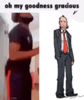 a man in a suit and tie is standing next to a cartoon of a man in a suit .