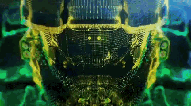 a computer generated image of a robot 's head with a green background