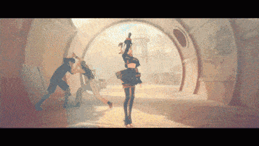 a cartoon drawing of a woman holding a sword in a tunnel