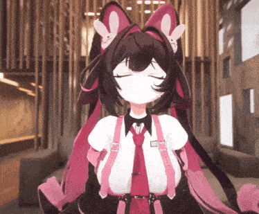a girl with bunny ears and suspenders is wearing a white shirt