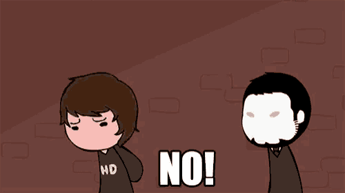 two cartoon characters are standing next to each other and one has the word no on his face