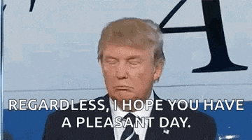 donald trump is wearing a suit and tie and saying `` regardless , i hope you have a pleasant day . ``