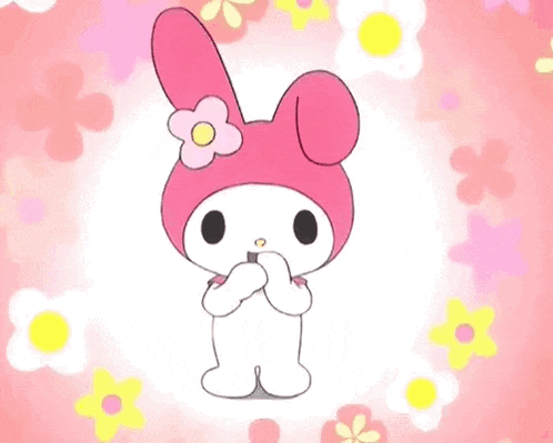 a pink bunny with a flower on its head is standing on a pink background with flowers .