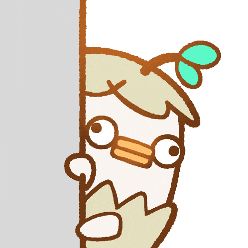 a cartoon of a bird with a leaf on its head peeking out from behind a wall