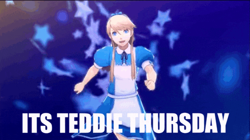 a blue background with the words its teddie thursday in white letters