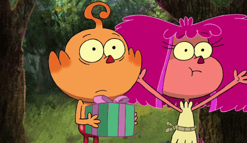 a cartoon character holding a gift box next to another cartoon character
