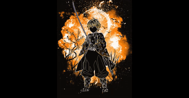a drawing of a man holding a sword in front of a fireball