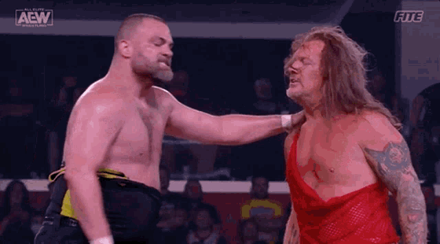 a couple of men are standing next to each other in a wrestling ring .