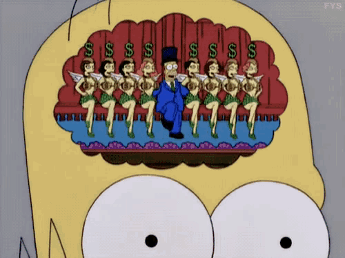 a cartoon of homer simpson with a bunch of dancers behind him and the words fys at the bottom