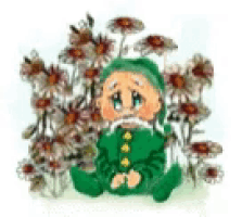 a cartoon baby in a green outfit is sitting in front of a bunch of flowers .