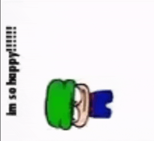 a cartoon character with a green apple on his head and the words `` i 'm so happy '' below him .