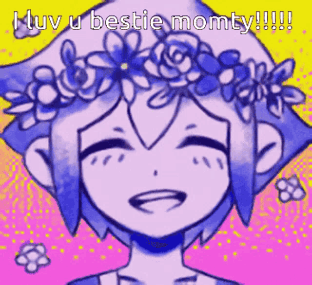 a drawing of a girl with a flower crown on her head that says " i love u bestie momty "