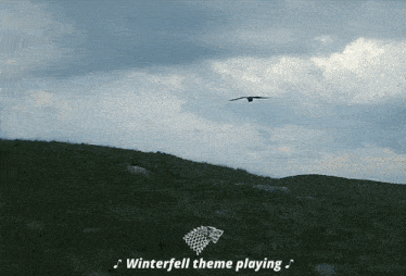 a bird is flying over a grassy hill with the words winterfell theme playing