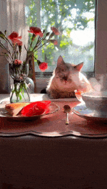 a cat laying on a table next to a bowl of soup and a vase of flowers
