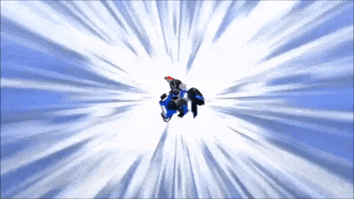 a cartoon character is flying through the air in a blue and white background