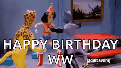 a group of cartoon characters are standing next to each other in a room with the words `` happy birthday ww '' written on it .