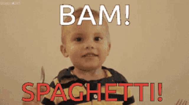 a baby holding a fork with the words bam spaghetti on it