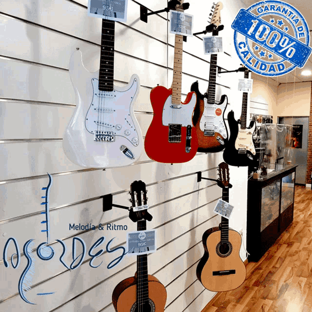 several guitars are on display in a store with the words melodia & ritmo on the wall
