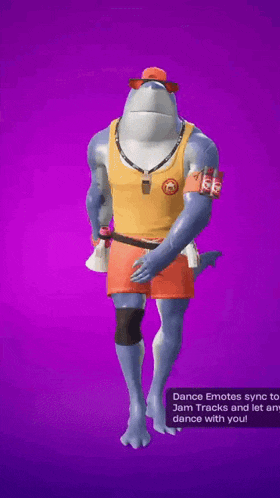 a shark in a lifeguard outfit is dancing with his hands in the air .