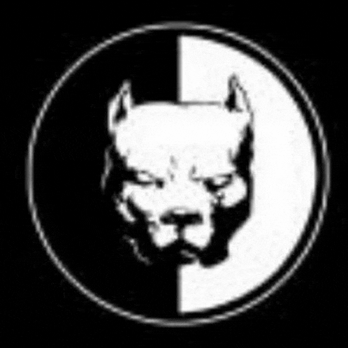 a black and white drawing of a pitbull 's head in a circle .
