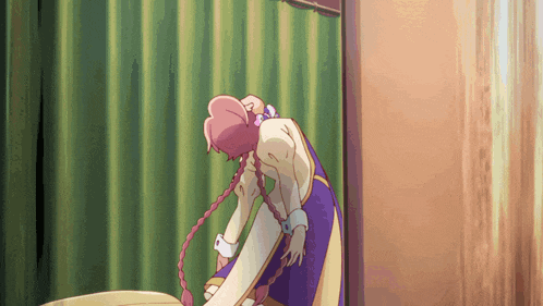 a girl with pink hair is standing in front of a green curtain ..
