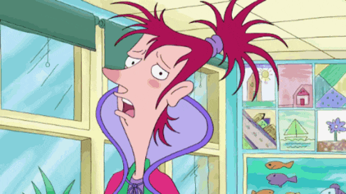 a cartoon character with red hair and a purple collar