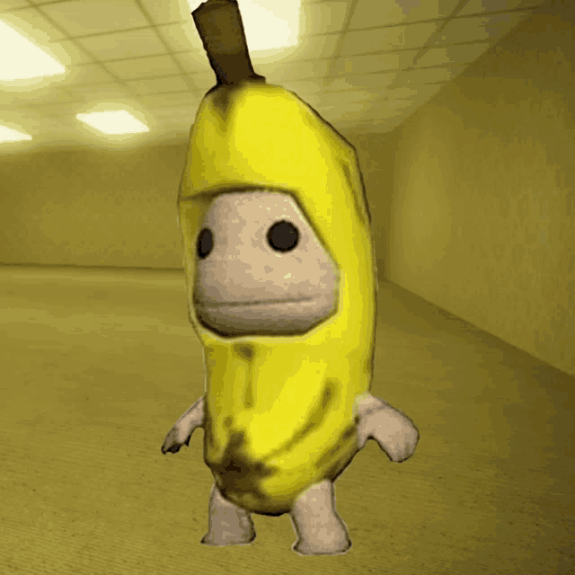 a stuffed animal in a banana costume is standing in a hallway