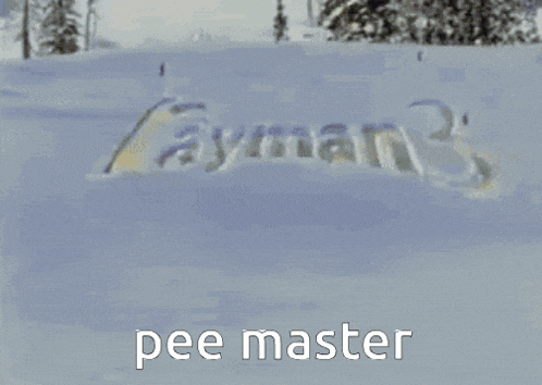 a cartoon character says pee master in front of a snowy mountain