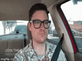 a man wearing glasses is sitting in a car with the words join the dance party on the bottom right