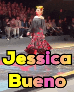 a woman is walking down a runway with the name jessica bueno written on the bottom