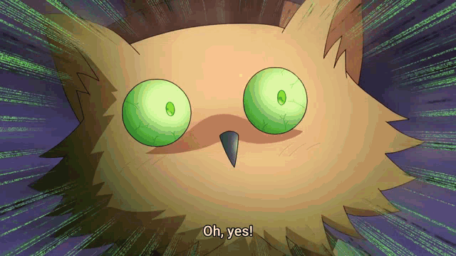 a cartoon owl with green eyes and the words oh yes below it