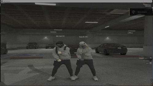 a screenshot of a video game shows two people standing in a parking lot