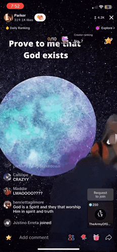 a screenshot of a video that says " prove to me that god exists " at the top