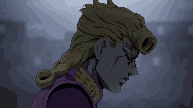 a close up of a cartoon character with a purple jacket and earrings