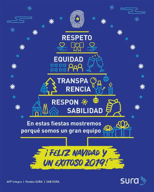 a blue poster with a christmas tree and the words " feliz navidad y un exitoso 2019 " on the bottom
