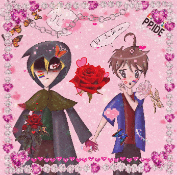 a drawing of two boys holding hands with the word pride on the bottom right