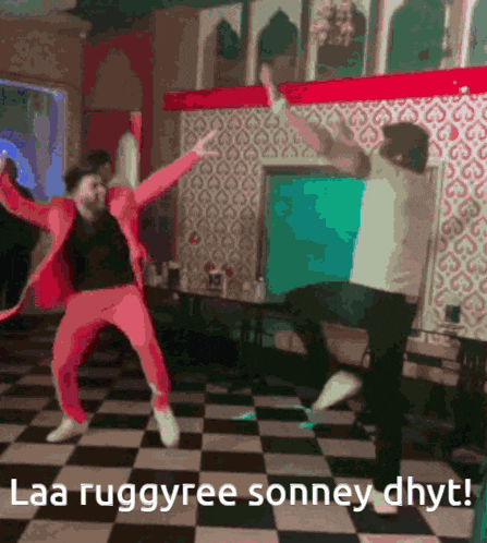 two people are dancing on a checkered floor with the words laa ruggyree sonney dhyt below them
