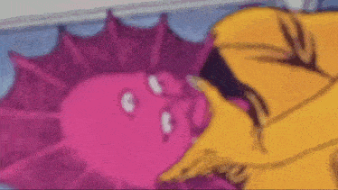 a close up of a cartoon character 's face with a purple and yellow background .