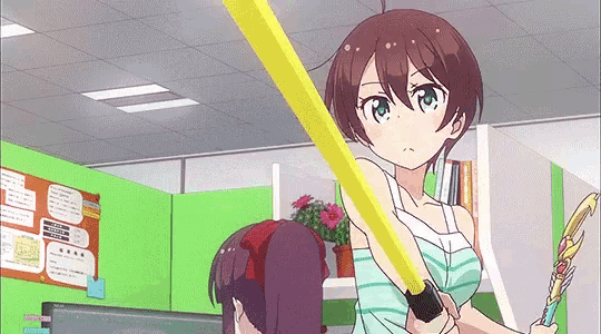 a girl in a striped tank top is holding a yellow pole