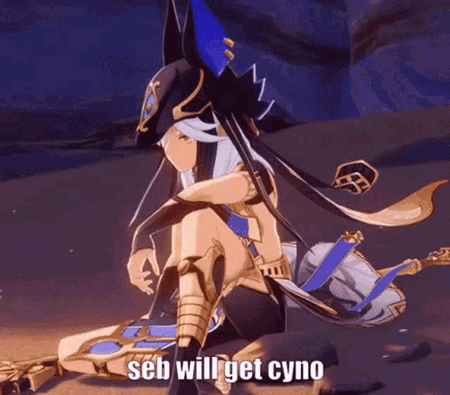 a video game character is kneeling down with the words seb will get cyno written on the bottom .