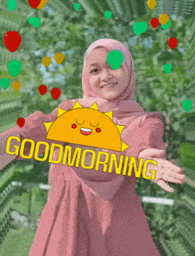 a girl in a pink dress says good morning with a sun behind her